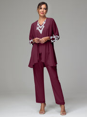 3 Pieces Long Sleeves Chiffon Lace Mother Of The Bride Dress Pants Suits with Silver Sequins