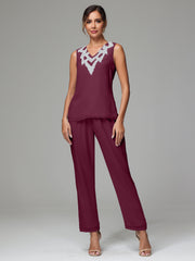 3 Pieces Long Sleeves Chiffon Lace Mother Of The Bride Dress Pants Suits with Silver Sequins