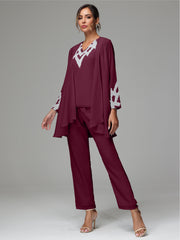 3 Pieces Long Sleeves Chiffon Lace Mother Of The Bride Dress Pants Suits with Silver Sequins