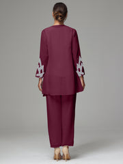 3 Pieces Long Sleeves Chiffon Lace Mother Of The Bride Dress Pants Suits with Silver Sequins