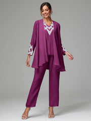 3 Pieces Long Sleeves Chiffon Lace Mother Of The Bride Dress Pants Suits with Silver Sequins