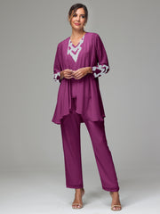 3 Pieces Long Sleeves Chiffon Lace Mother Of The Bride Dress Pants Suits with Silver Sequins