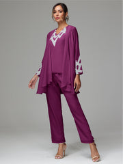 3 Pieces Long Sleeves Chiffon Lace Mother Of The Bride Dress Pants Suits with Silver Sequins