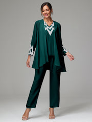 3 Pieces Long Sleeves Chiffon Lace Mother Of The Bride Dress Pants Suits with Silver Sequins