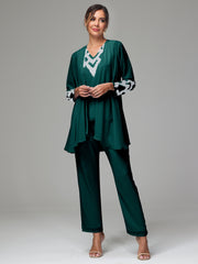 3 Pieces Long Sleeves Chiffon Lace Mother Of The Bride Dress Pants Suits with Silver Sequins