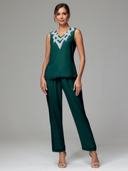 3 Pieces Long Sleeves Chiffon Lace Mother Of The Bride Dress Pants Suits with Silver Sequins