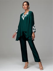 3 Pieces Long Sleeves Chiffon Lace Mother Of The Bride Dress Pants Suits with Silver Sequins