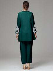 3 Pieces Long Sleeves Chiffon Lace Mother Of The Bride Dress Pants Suits with Silver Sequins