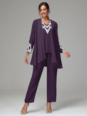 3 Pieces Long Sleeves Chiffon Lace Mother Of The Bride Dress Pants Suits with Silver Sequins