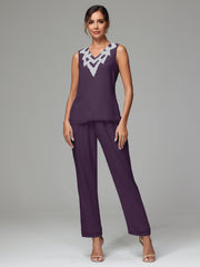 3 Pieces Long Sleeves Chiffon Lace Mother Of The Bride Dress Pants Suits with Silver Sequins