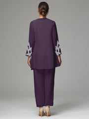 3 Pieces Long Sleeves Chiffon Lace Mother Of The Bride Dress Pants Suits with Silver Sequins