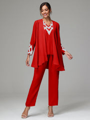 3 Pieces Long Sleeves Chiffon Lace Mother Of The Bride Dress Pants Suits with Silver Sequins