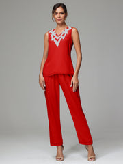 3 Pieces Long Sleeves Chiffon Lace Mother Of The Bride Dress Pants Suits with Silver Sequins