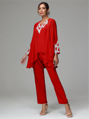 3 Pieces Long Sleeves Chiffon Lace Mother Of The Bride Dress Pants Suits with Silver Sequins