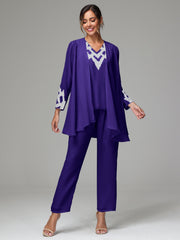 3 Pieces Long Sleeves Chiffon Lace Mother Of The Bride Dress Pants Suits with Silver Sequins