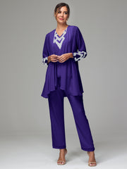 3 Pieces Long Sleeves Chiffon Lace Mother Of The Bride Dress Pants Suits with Silver Sequins