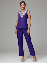 3 Pieces Long Sleeves Chiffon Lace Mother Of The Bride Dress Pants Suits with Silver Sequins