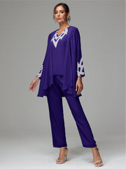3 Pieces Long Sleeves Chiffon Lace Mother Of The Bride Dress Pants Suits with Silver Sequins