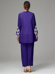 3 Pieces Long Sleeves Chiffon Lace Mother Of The Bride Dress Pants Suits with Silver Sequins