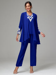 3 Pieces Long Sleeves Chiffon Lace Mother Of The Bride Dress Pants Suits with Silver Sequins