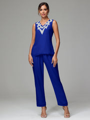 3 Pieces Long Sleeves Chiffon Lace Mother Of The Bride Dress Pants Suits with Silver Sequins