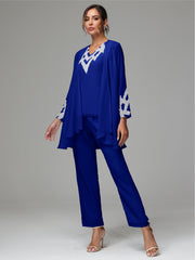 3 Pieces Long Sleeves Chiffon Lace Mother Of The Bride Dress Pants Suits with Silver Sequins