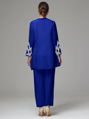 3 Pieces Long Sleeves Chiffon Lace Mother Of The Bride Dress Pants Suits with Silver Sequins