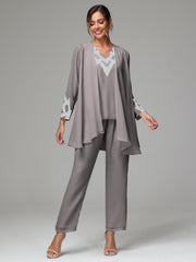 3 Pieces Long Sleeves Chiffon Lace Mother Of The Bride Dress Pants Suits with Silver Sequins