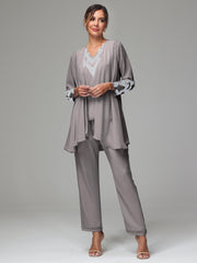 3 Pieces Long Sleeves Chiffon Lace Mother Of The Bride Dress Pants Suits with Silver Sequins
