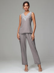 3 Pieces Long Sleeves Chiffon Lace Mother Of The Bride Dress Pants Suits with Silver Sequins