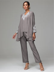 3 Pieces Long Sleeves Chiffon Lace Mother Of The Bride Dress Pants Suits with Silver Sequins
