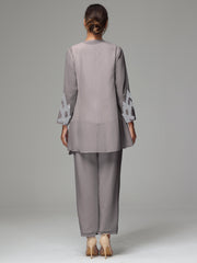 3 Pieces Long Sleeves Chiffon Lace Mother Of The Bride Dress Pants Suits with Silver Sequins