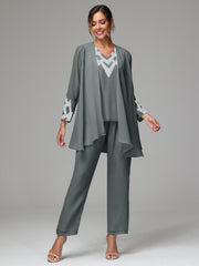 3 Pieces Long Sleeves Chiffon Lace Mother Of The Bride Dress Pants Suits with Silver Sequins