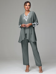 3 Pieces Long Sleeves Chiffon Lace Mother Of The Bride Dress Pants Suits with Silver Sequins