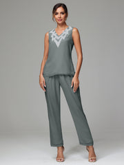 3 Pieces Long Sleeves Chiffon Lace Mother Of The Bride Dress Pants Suits with Silver Sequins