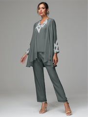 3 Pieces Long Sleeves Chiffon Lace Mother Of The Bride Dress Pants Suits with Silver Sequins