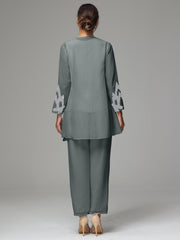 3 Pieces Long Sleeves Chiffon Lace Mother Of The Bride Dress Pants Suits with Silver Sequins