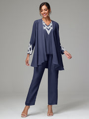 3 Pieces Long Sleeves Chiffon Lace Mother Of The Bride Dress Pants Suits with Silver Sequins