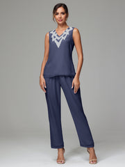 3 Pieces Long Sleeves Chiffon Lace Mother Of The Bride Dress Pants Suits with Silver Sequins