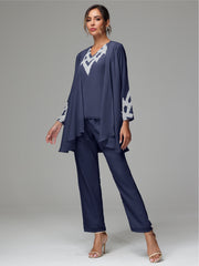 3 Pieces Long Sleeves Chiffon Lace Mother Of The Bride Dress Pants Suits with Silver Sequins