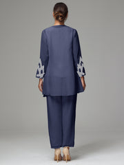 3 Pieces Long Sleeves Chiffon Lace Mother Of The Bride Dress Pants Suits with Silver Sequins