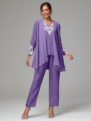 3 Pieces Long Sleeves Chiffon Lace Mother Of The Bride Dress Pants Suits with Silver Sequins