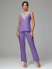 3 Pieces Long Sleeves Chiffon Lace Mother Of The Bride Dress Pants Suits with Silver Sequins