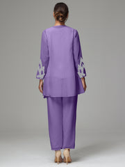 3 Pieces Long Sleeves Chiffon Lace Mother Of The Bride Dress Pants Suits with Silver Sequins