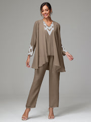3 Pieces Long Sleeves Chiffon Lace Mother Of The Bride Dress Pants Suits with Silver Sequins