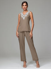 3 Pieces Long Sleeves Chiffon Lace Mother Of The Bride Dress Pants Suits with Silver Sequins