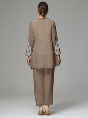 3 Pieces Long Sleeves Chiffon Lace Mother Of The Bride Dress Pants Suits with Silver Sequins