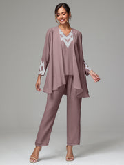 3 Pieces Long Sleeves Chiffon Lace Mother Of The Bride Dress Pants Suits with Silver Sequins
