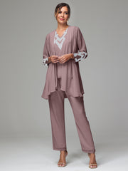 3 Pieces Long Sleeves Chiffon Lace Mother Of The Bride Dress Pants Suits with Silver Sequins