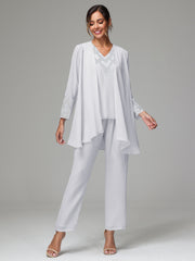 3 Pieces Long Sleeves Chiffon Lace Mother Of The Bride Dress Pants Suits with Silver Sequins
